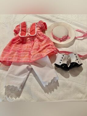 American Girl Pink Plaid Dress, White Pants, Hat & Black-White Shoes